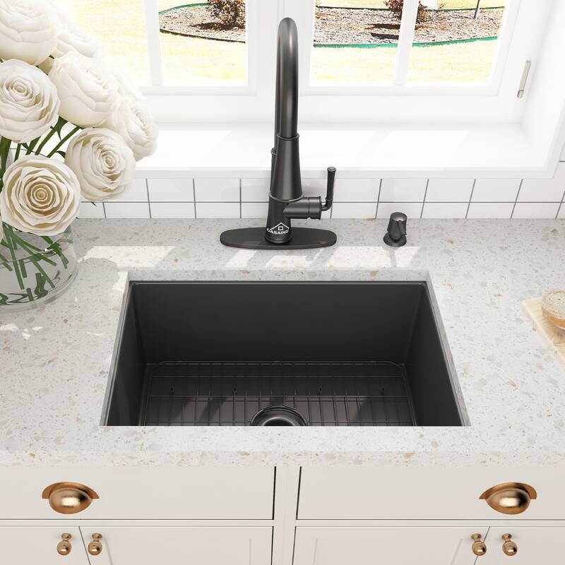 CASAINC All-in-One Fireclay 27 in. Single Bowl Undermount Kitchen Sink with Infrared Sensor Kitchen Faucet and Accessories