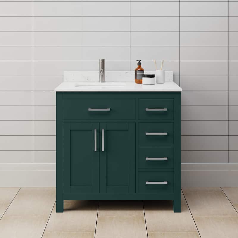 Wyndham Collection WCG242436S-UNSMXX Beckett 36" Free Standing Single - Green / Carrara Cultured Marble Top / Brushed