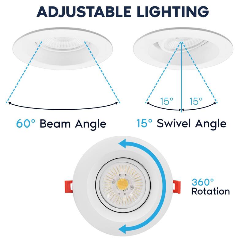 Luxrite 4 Inch Gimbal LED Recessed Light J-Box CRI90 18W 5CCT 2700K-5000K 1500 Lumens Dimmable IC Rated 6 Pack