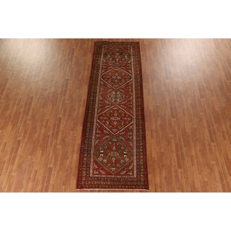 Heriz Persian Vintage Runner Rug Hand-knotted Red Wool Carpet - 3'11"x 11'10"