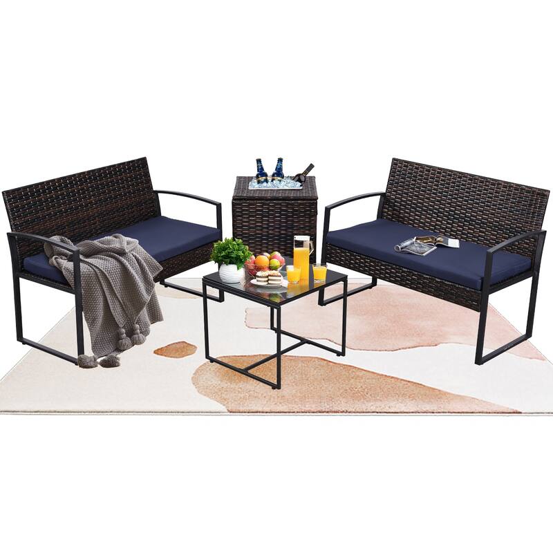 4-Piece Wicker Outdoor Sofa Set, 2 Loveseats, 1 Table, 1 Ice Bucket