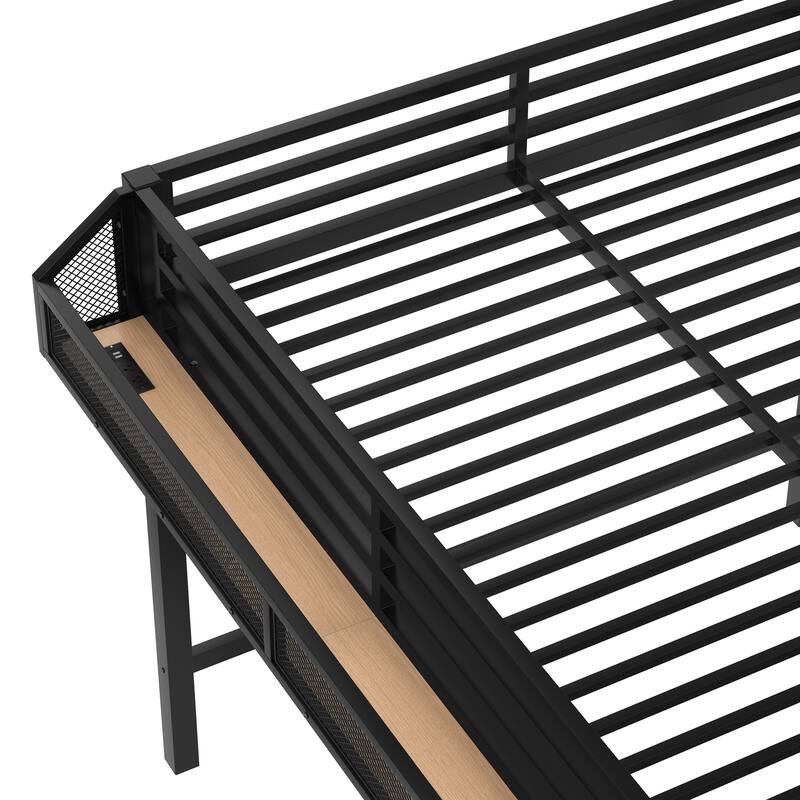 Noise-reduced Design Metal Loft Bed Frame with Storage Stairs, Shelves, Built-in Wardrobe, Light Strip and Charging Station