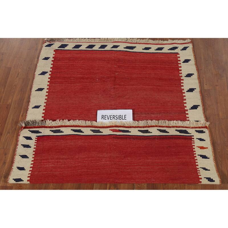 Red Kilim Qashqai Persian Vintage Area Rug Handmade Wool Carpet - 4'3"x 5'6"