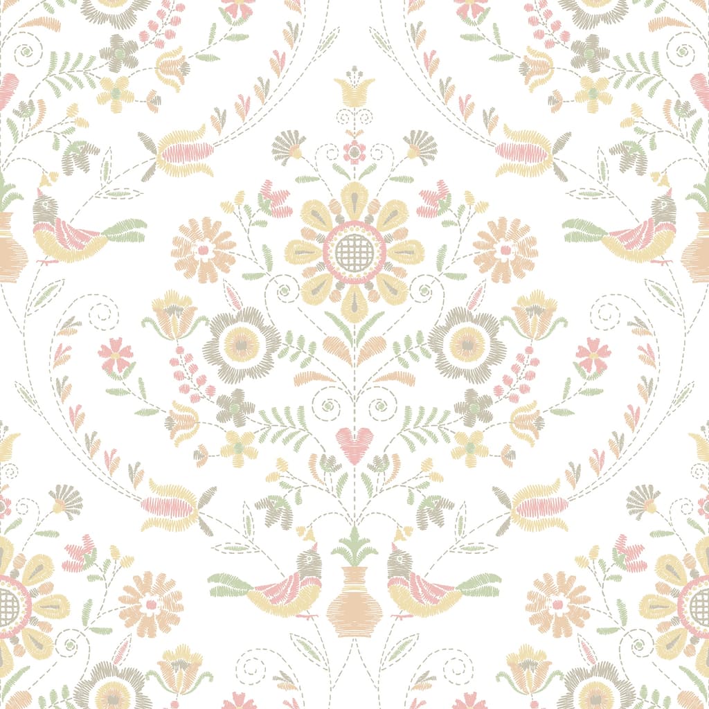 A-Street Prints Britt Peach Embroidered Damask Wallpaper