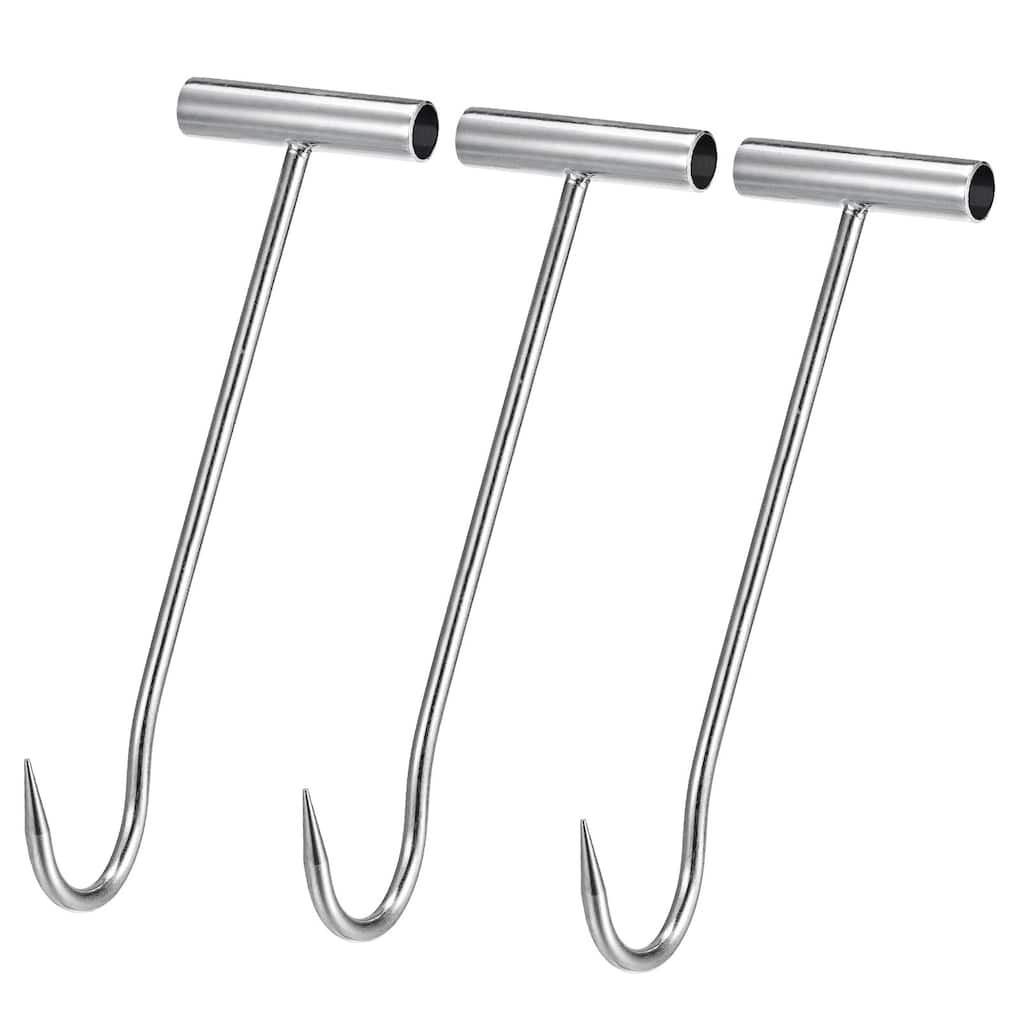 12"(300mm) T-Handle Meat Boning Hook, Galvanized Curved T Hooks for Butcher 3Pcs - Silver Tone