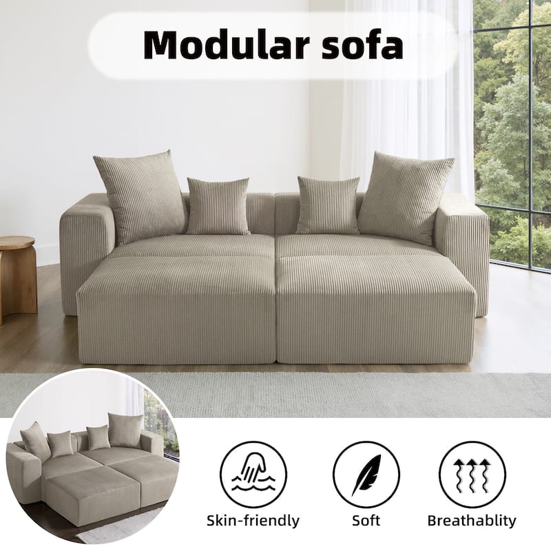 4-Piece Modern Corduroy Modular Sectional Sofa Set with 4 Throw Pillows