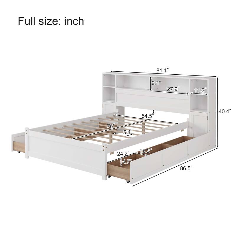 Storage Bed with Tall Bookcase Headboard, 6 Drawers & Charging Station