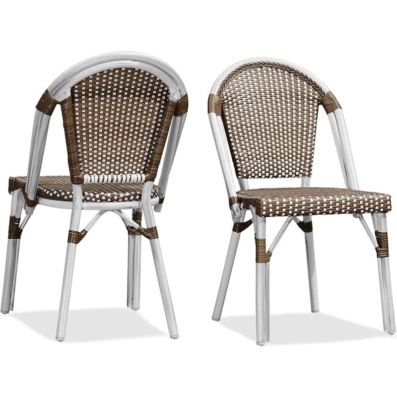 PURPLE LEAF Outdoor Dining Chairs (Set of 2) French Hand-Woven Aluminum Wicker Chairs - Brown(White Finish)