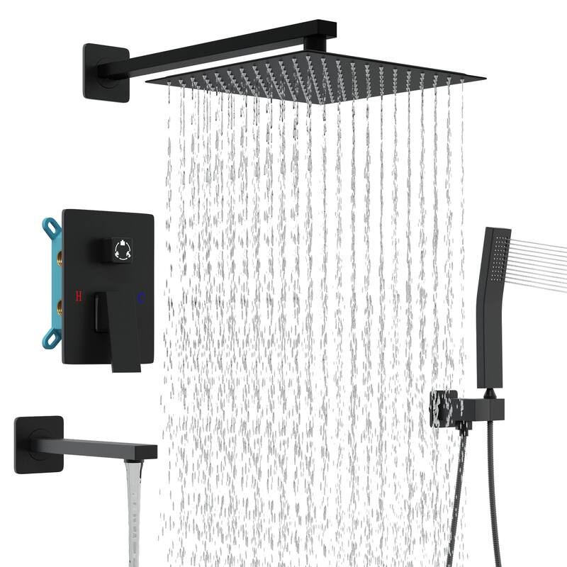 Matte Black Concealed Shower System with 9.7” Rainfall Shower Head, Handheld Shower & Tub Spout