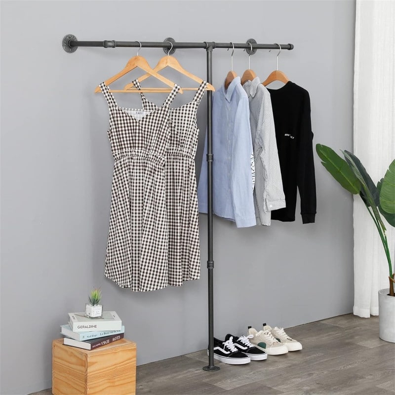 Industrial Pipe Clothes Rack - 11.8"D x 42.7"W x 63"H - Black