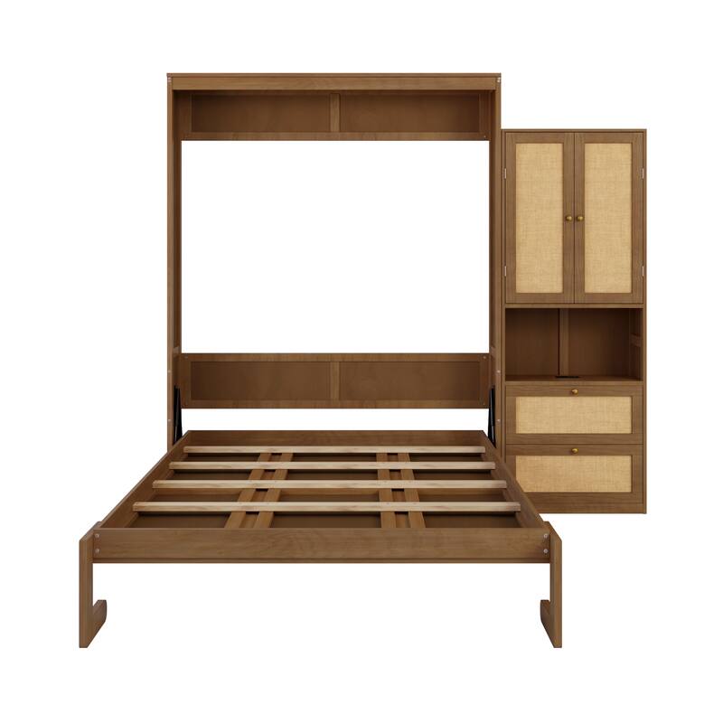 Foldable Bed Convert Cube Cabinet Rattan Murphy Bed Space-Saving Bed