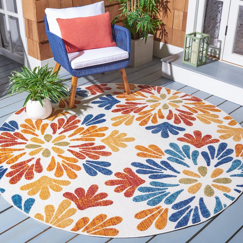 SAFAVIEH Cabana Diellza Indoor/ Outdoor Waterproof Patio Floral Rug - 5'3" Round - Creme/Red