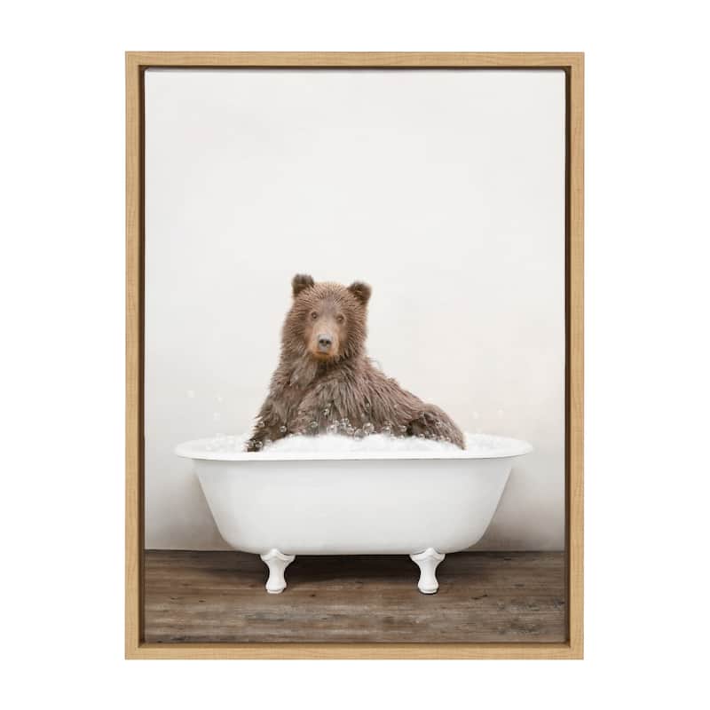 Kate and Laurel Bear Rustic Bubble Bath Framed Canvas by Amy Peterson