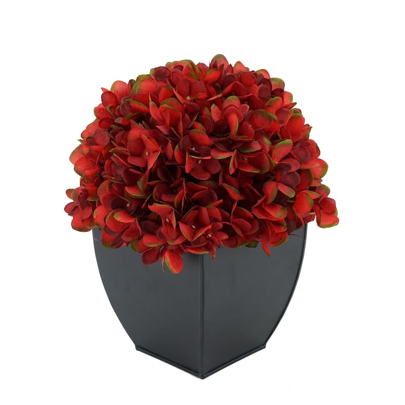 Faux Hydrangea in Black Tapered Zinc Cube - Burgundy