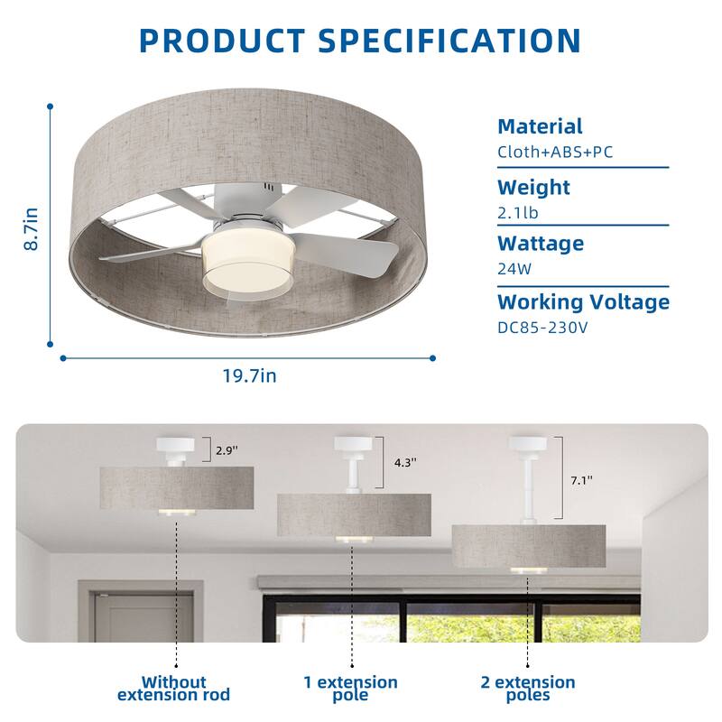 17.7 in. Indoor Socket Ceiling Fan Light with Remote, LED Light, 4 Fan Speeds, Dimmable, 3 Color Temperatures