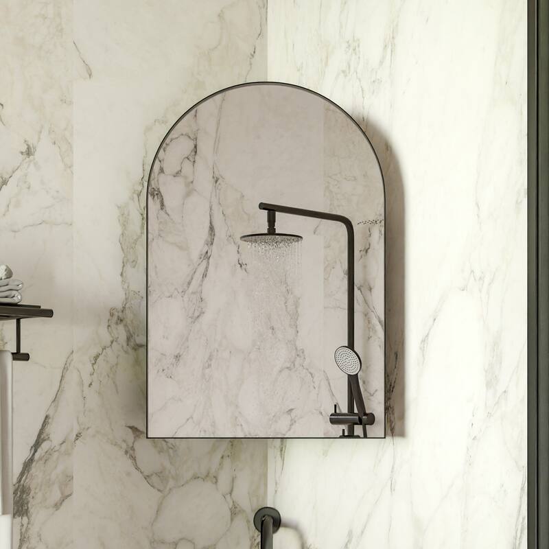 18x24 Inch Metal Corner Medicine Cabinet with Arched Mirror, Adjustable Glass Shelves, Space-Saving Bathroom Storage