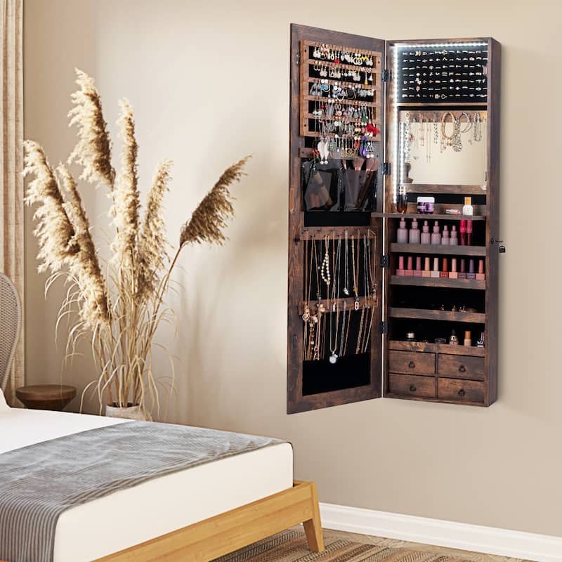 Gymax Mirror Jewelry Cabinet 96 LED Lights Wall Door Mounted Armoire