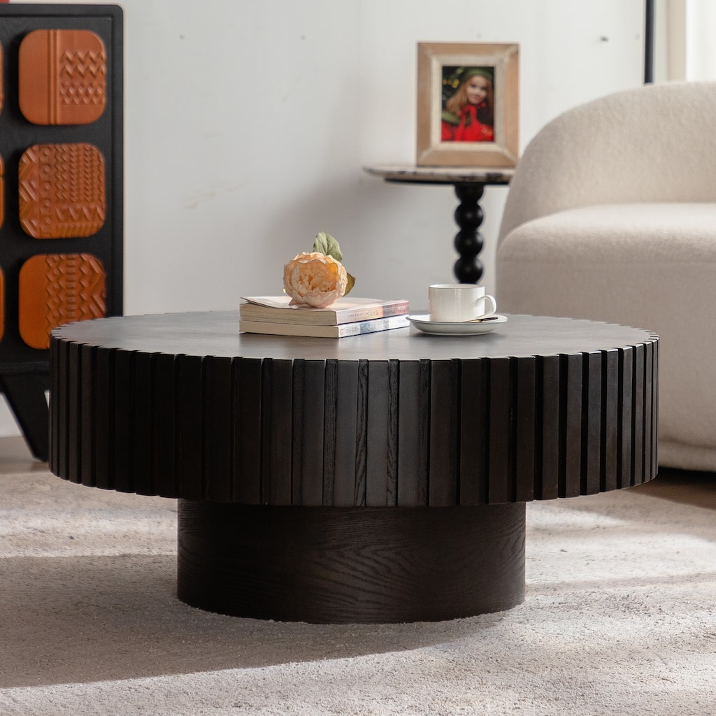 Olive-Shaped Round Wooden Coffee Table - Handcrafted Relief for Living Room