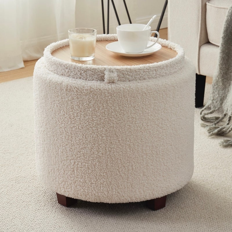 Round Tufted Boucle White Storage Ottoman with Coffee Table Lid