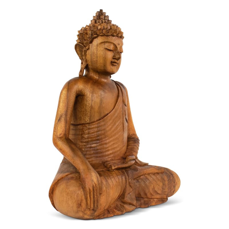 Wood Buddha Statue Hand Carved Earth Touching Mudra Sculpture, Natural Zen Decor - 16" tall x 12" wide x 6" deep