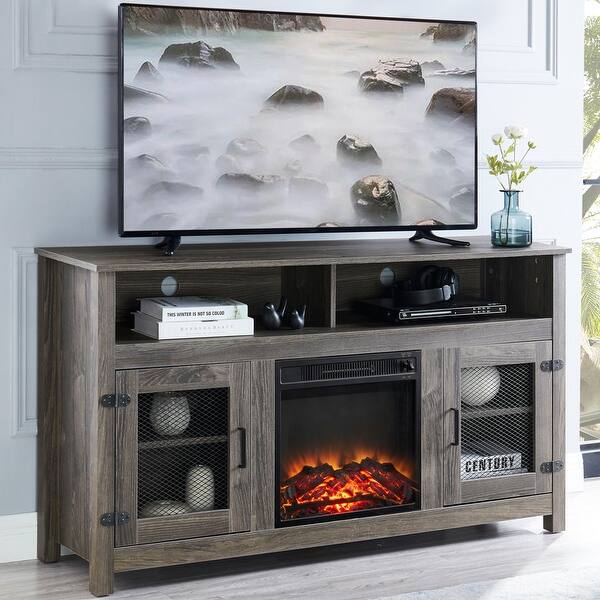 Farmhouse TV Stand with Electric Fireplace with Storage and