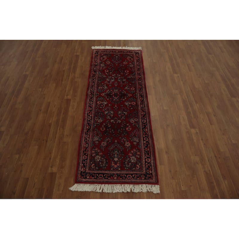 Hand Knotted Oriental 100% Wool Carpet Traditional All-Over Red Sarouk Runner Rug - 7' 6'' X 2' 8''