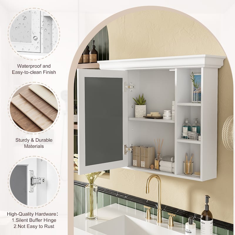Roomfitters 35x28 Inch Wall Mounted Bathroom Storage Cabinet with Mirror Door and 6 Open Shelves