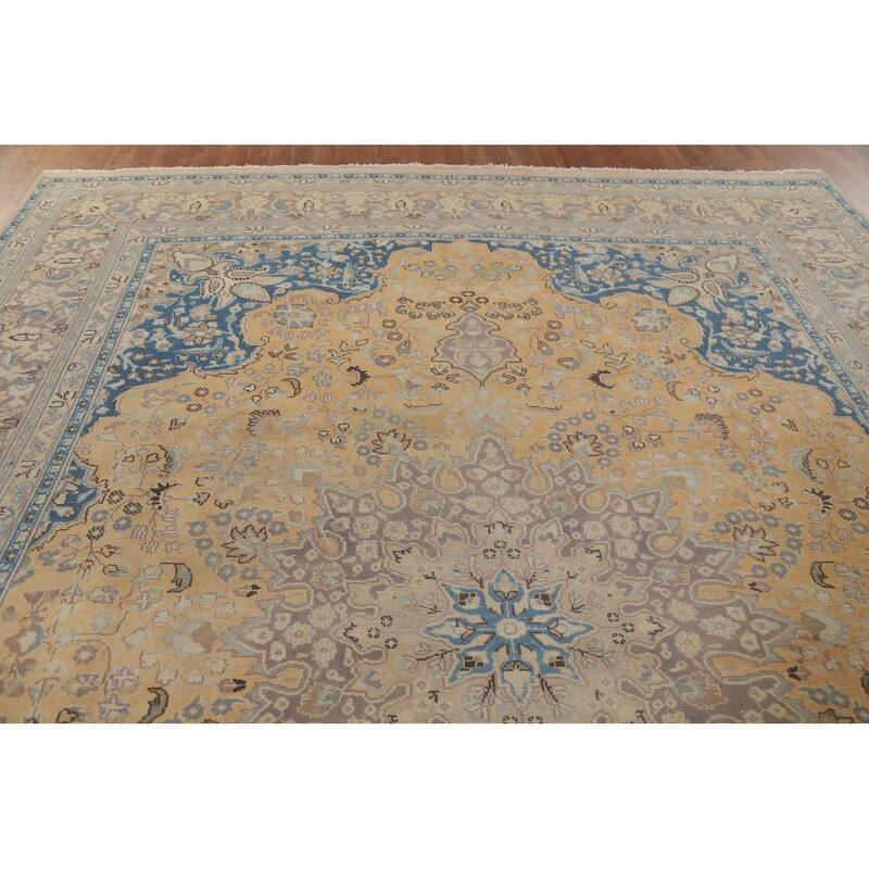 Hand Knotted Oriental 100% Wool Carpet Traditional Floral Yellow & Gold Mashad Area Rug - 12' 8'' X 9' 7''