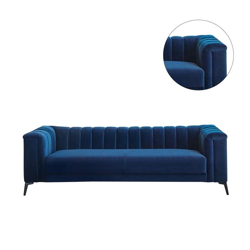 Matte Velvet Sofa with Tuxedo Arm in Blue and Black