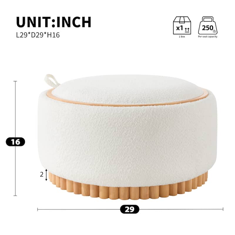 Roomfitters 29 Inch Round Storage Ottoman with Reversible Wooden Tray Top, Upholstered Coffee Table for Living Room