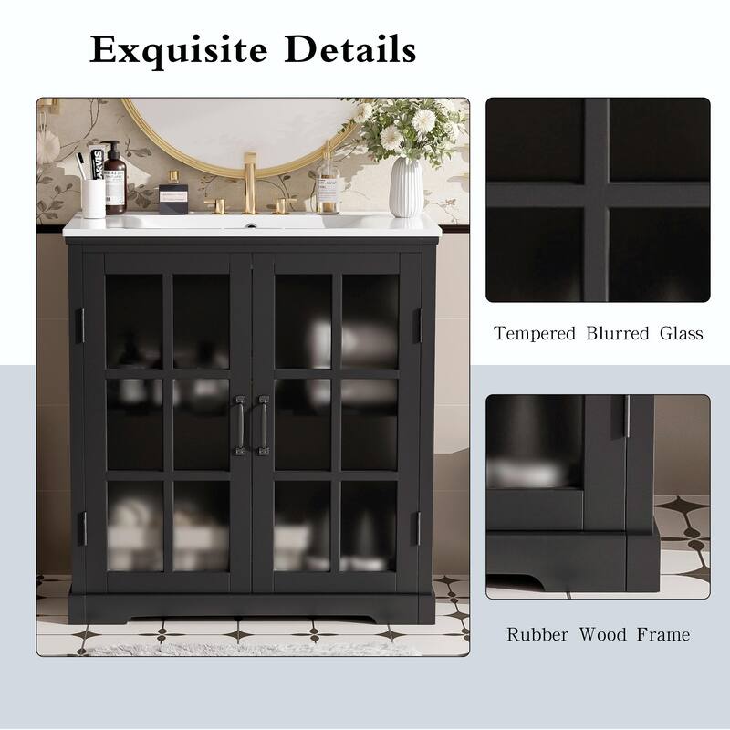 30" Modern Bathroom Vanity with Ceramic Sink, Bathroom Vanity Cabinet with Tempered Blurred Glass