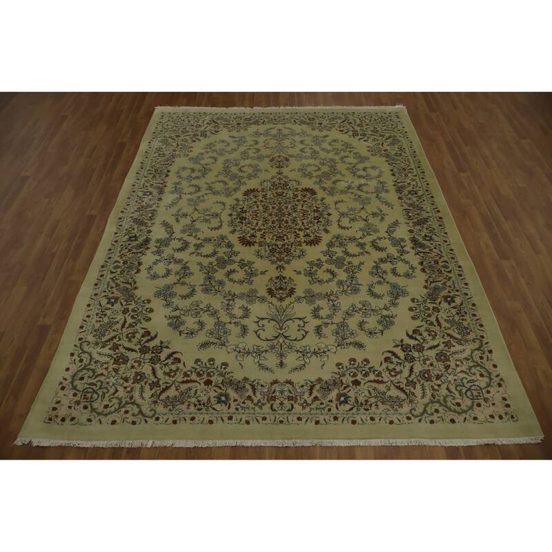 Hand Knotted Oriental 100% Wool Carpet Traditional Floral Beige & Ivories Kashan Area Rug - 10' 10'' X 8' 2''