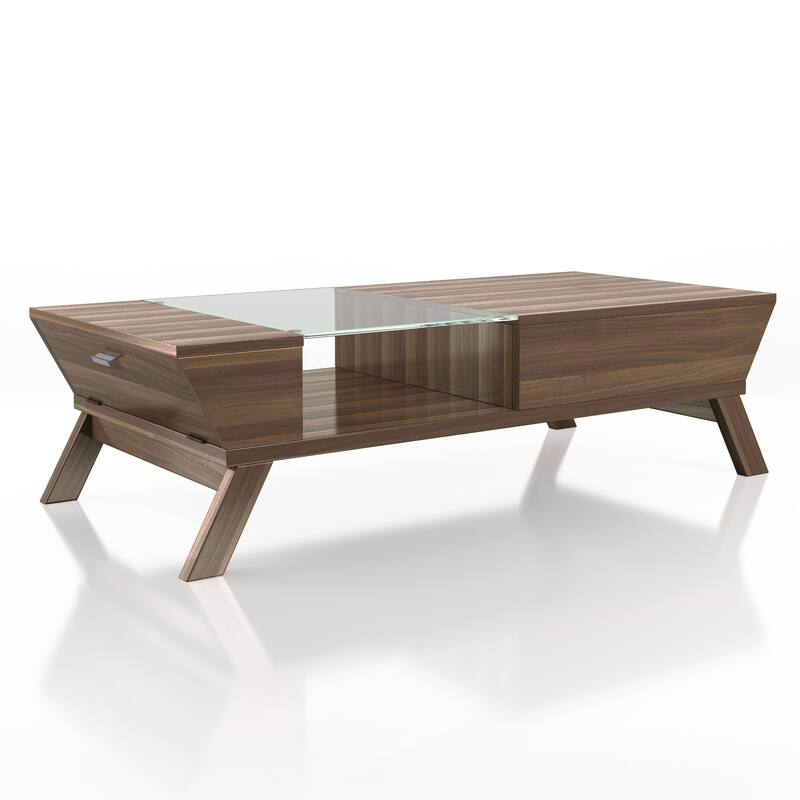 24/7 Shop At Home Mid-Century Walnut 47-inch Glass Insert 1-Shelf Coffee Table