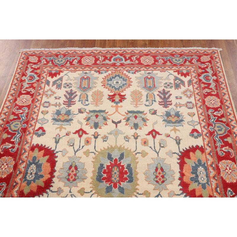 Blue Geometric Kazak Area Rug Hand-Knotted Oriental Wool Carpet - 4'11" x 6'7"