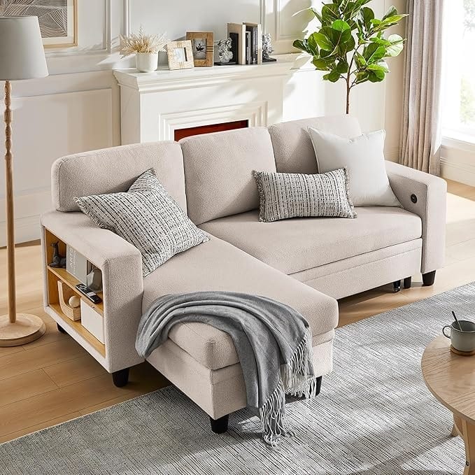 Modern Sleeper Sofa Bed, Couch Bed with Bookshelves & Charging Port - Beige