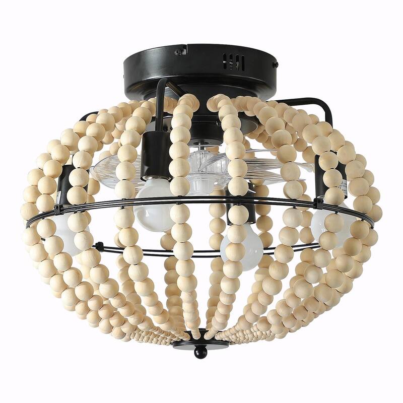 Beaded Wood Chandelier with Oak White Finish