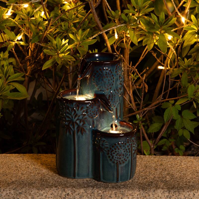Glitzhome 10"H 3-Tier Turquoise Ceramic Tabletop Fountain with Pump and LED Light