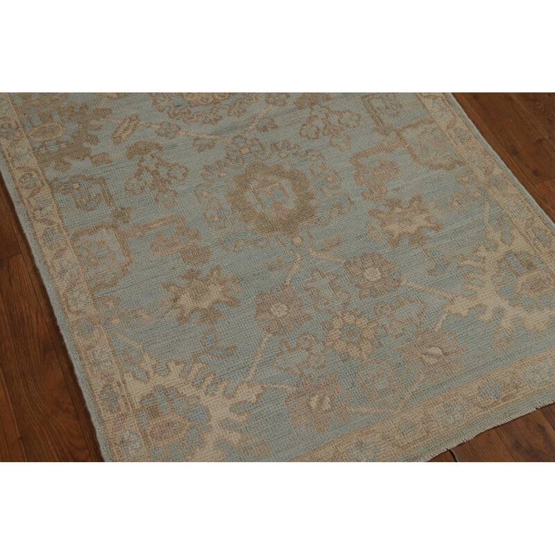 Vegetable Dye Oushak Turkish Runner Rug Handmade Blue Wool Carpet - 2'10" x 9'10"