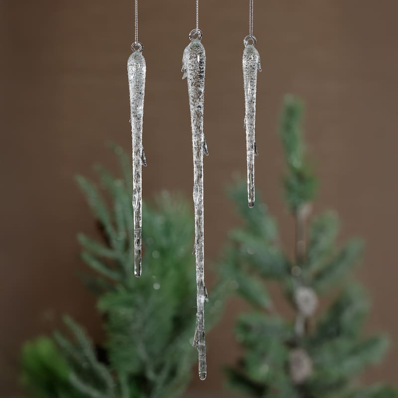 Clear Glass Icicle Ornaments, 12 Hanging Pieces (4 Sets of 3)