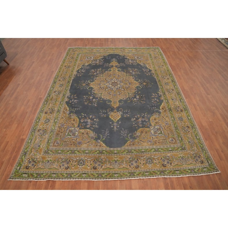 Hand Knotted Oriental 100% Wool Carpet Traditional Floral Greys & Charcoal Tabriz Area Rug - 12' 8'' X 9' 4''