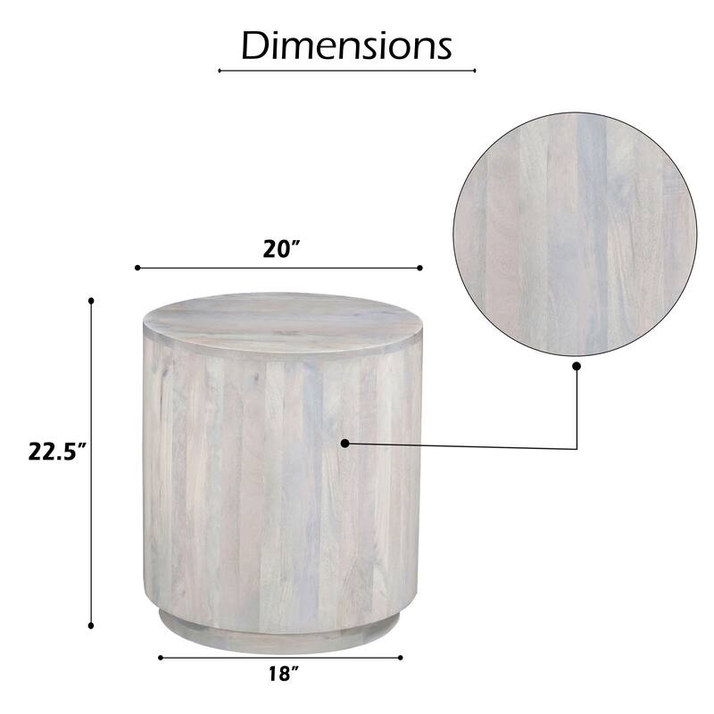 Febe Side End Accent Table, 20 Inch Round Top, Cylindrical Plinth Base, Oak White Mango Wood