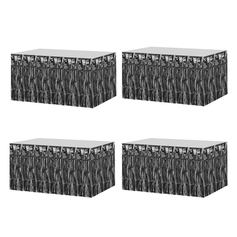 4 Pack 29x108 Inch Black Metallic Foil Fringe Tinsel Table Skirts