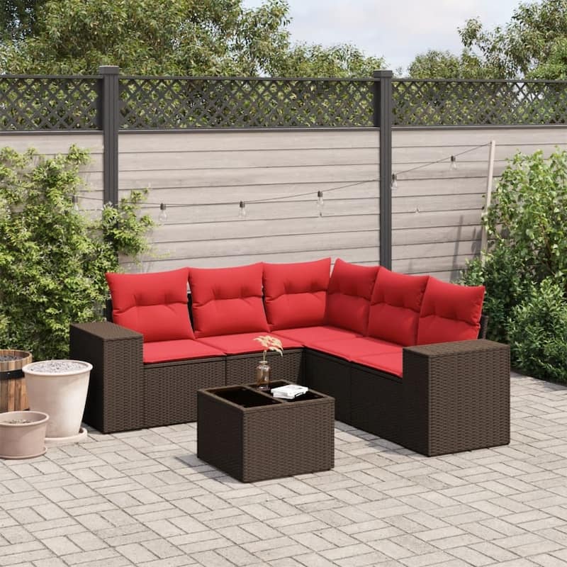 vidaXL Patio Sofa Set with Cushions Outdoor Conversation Furniture Poly Rattan - 24.4 x 24.4 x 27.2 - Brown-With table