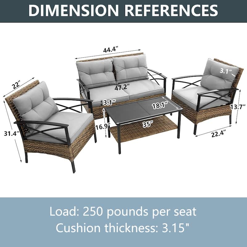 4-Piece Outdoor Patio Rattan Furniture Set, Thick Cushions&Side Table - 1 Table+2 Single chairs+1 Loveseat