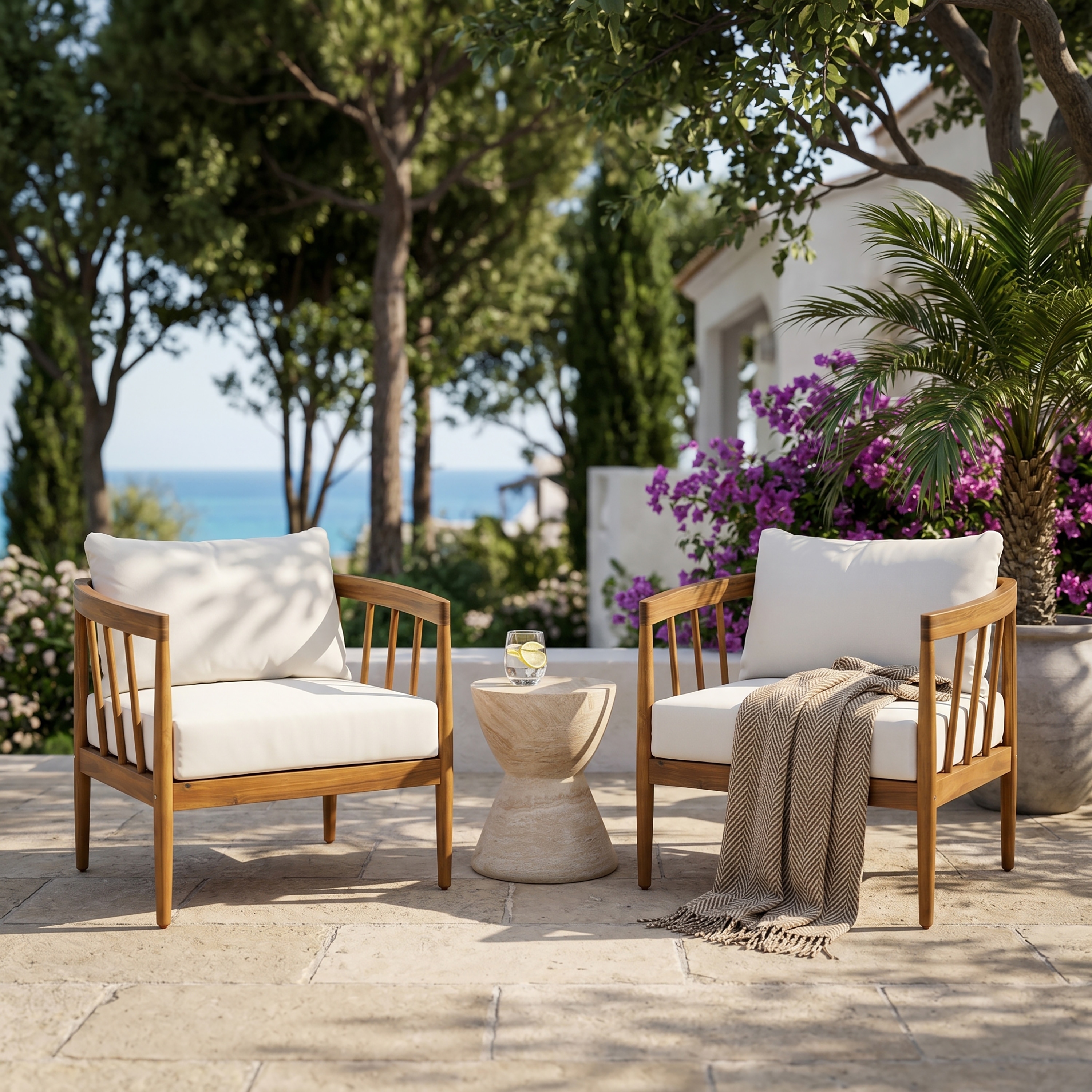 Christopher Knight Home - Santos Set of 2 Outdoor Club Chair, Acacia Wood Frame, Slatted Armrests with Water-Resistant Cushions