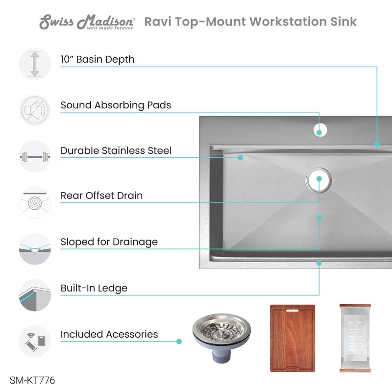 Swiss Madison SM-KT776 Ravi 22" Drop In Single Basin Stainless Steel