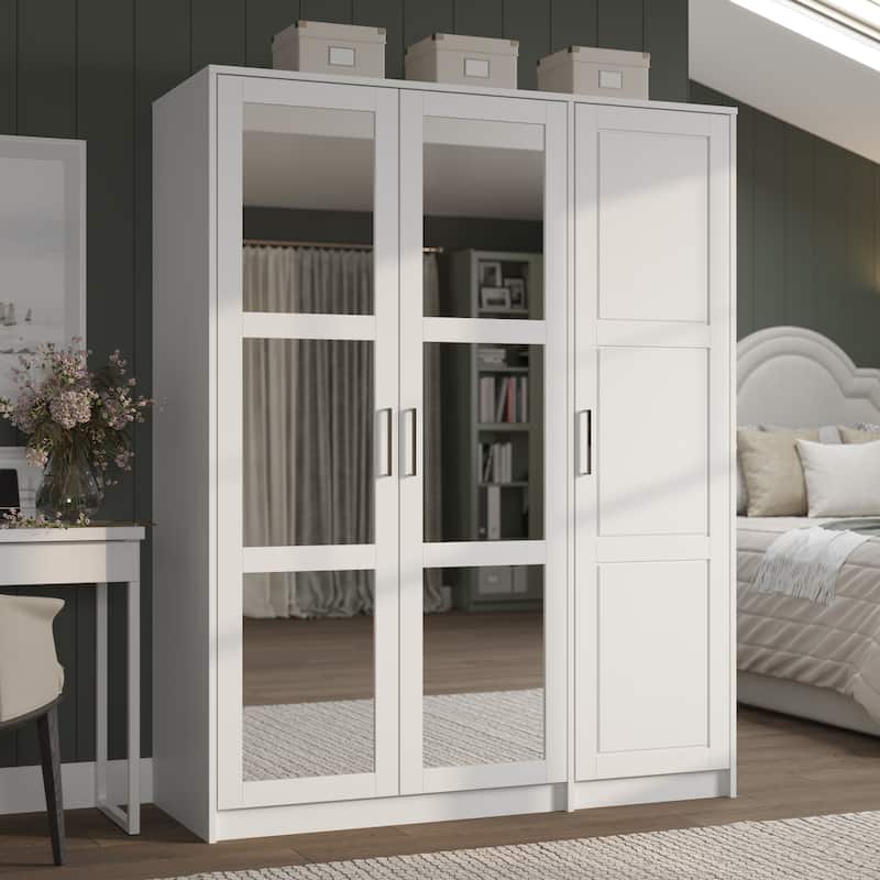 Palace Imports 100% Solid Wood Urban 3-door Wardrobe with Solid and Mirrored Doors - White - Mirrored