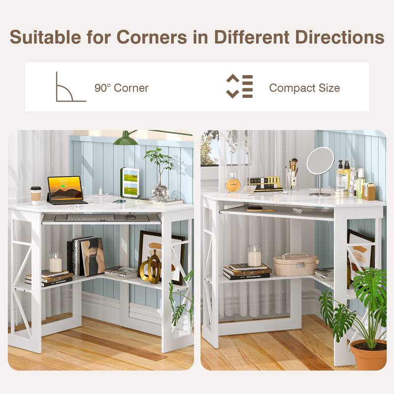 Corner Desk Small Desk with Outlets Corner Table for Small Space, Computer Desk with USB Ports Triangle Desk with Storage