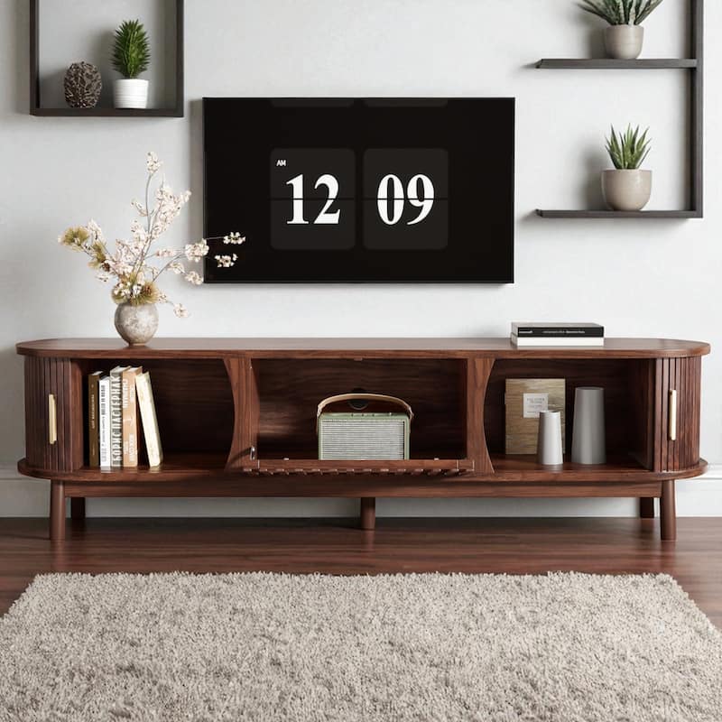 Modern Farmhouse TV Stand for 75 Inch TV, 67" Wood Entertainment Center with Sliding Doors and Solid Wood Legs