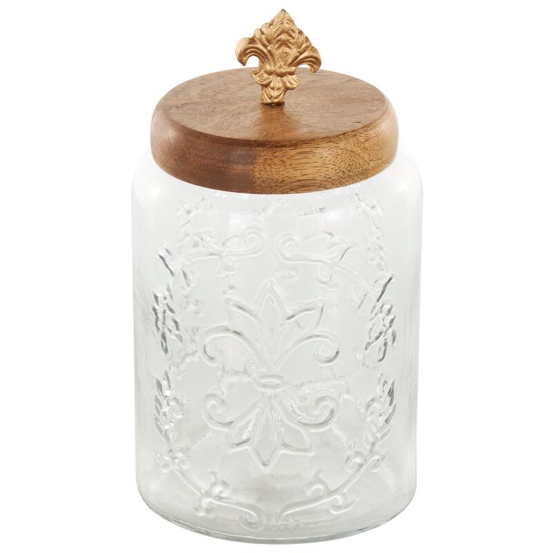Clear Glass Scroll Living Room Decorative Jars with Brown Wooden Lids and Gold Fleur-De- Lis Knobs (Set of 2)